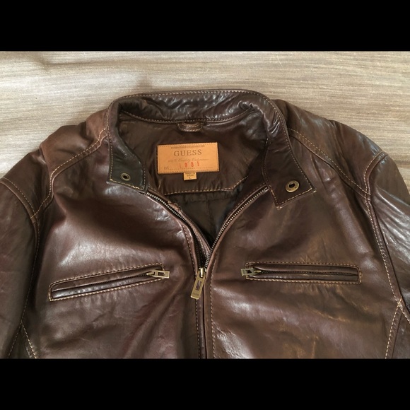 Men’s Guess Brown Genuine Leather Moto Jacket. - Picture 4 of 6